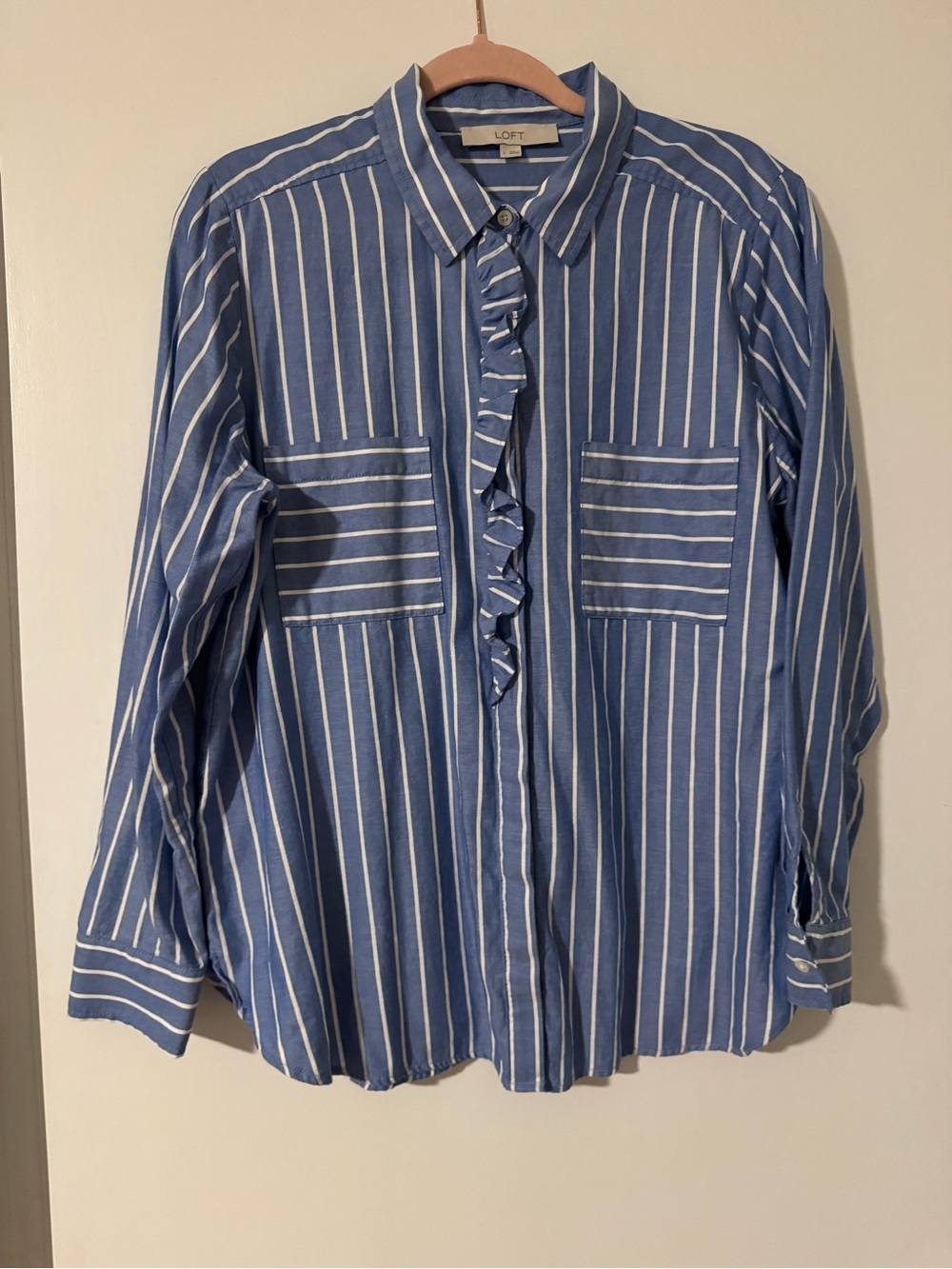 LOFT Blue & White Striped Half Ruffle Button Down Utility Shirt sz L